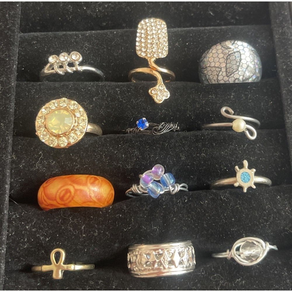 Lot of 12 Costume Rings Beads Stones Gold Silver Tone #3